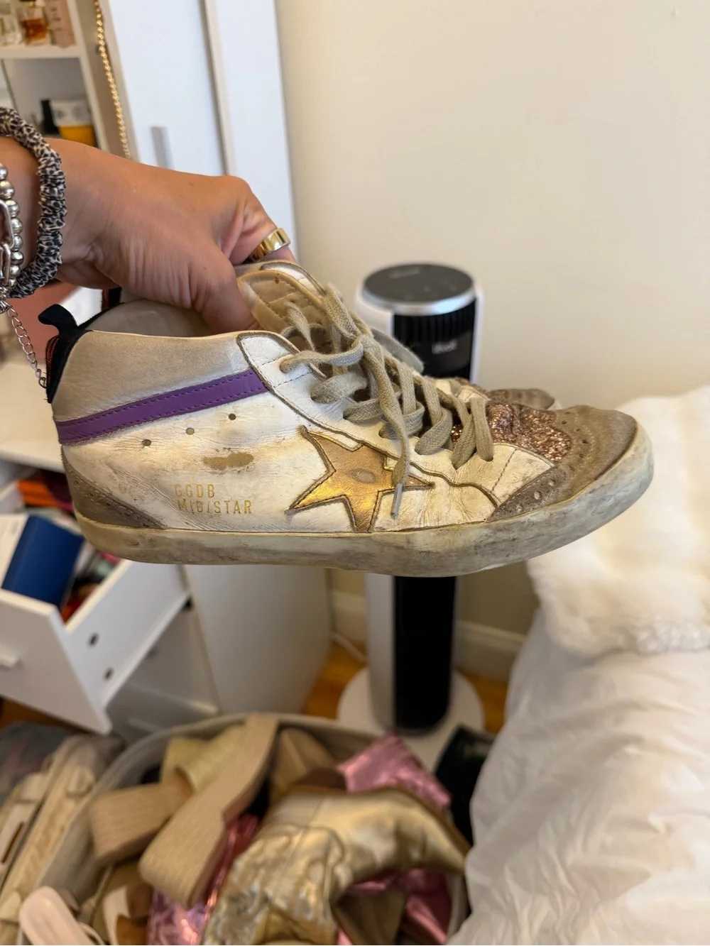 Golden Goose White and Pink Glitter Superstar Sneakers